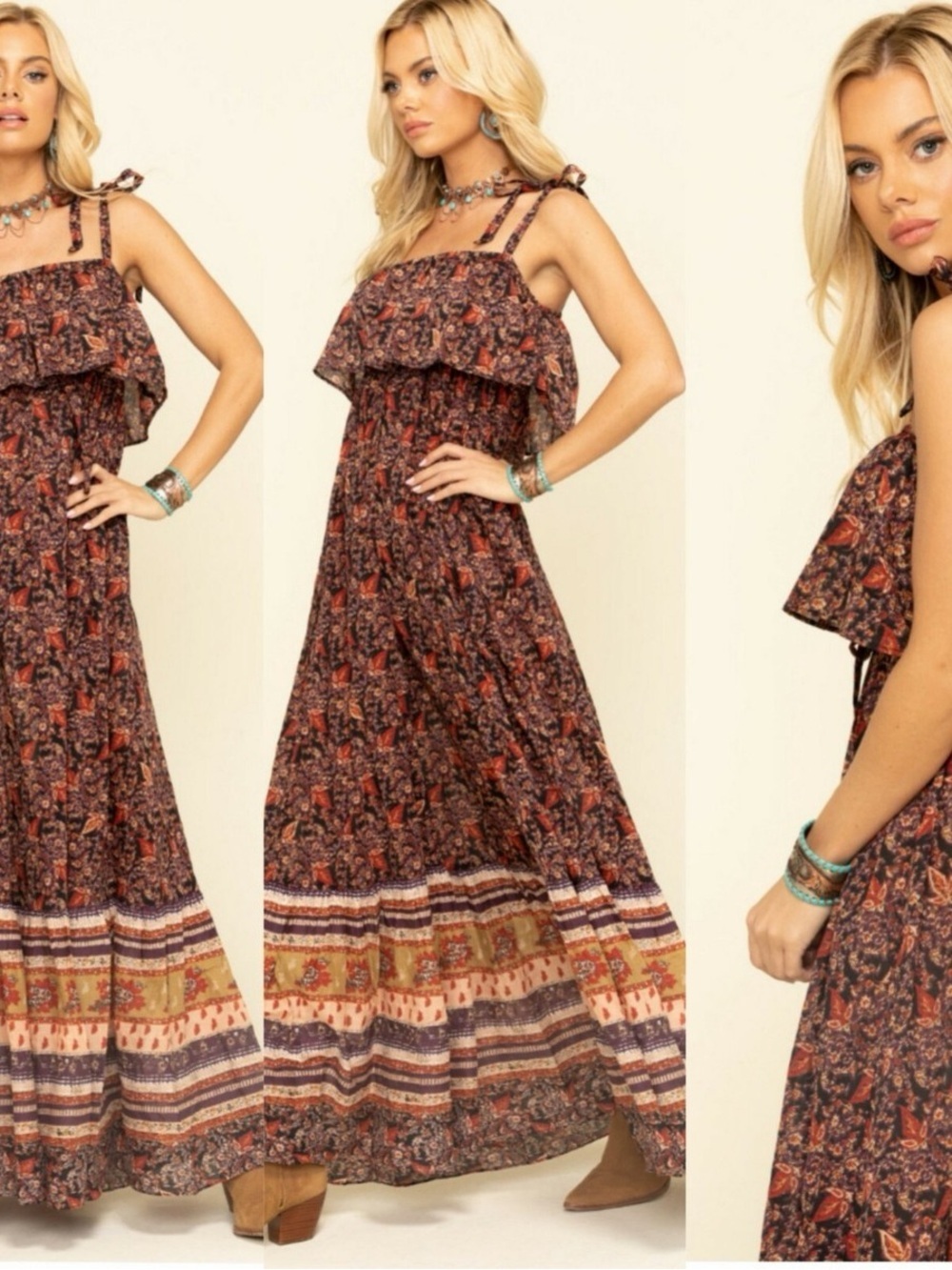 Free People Tangier Babydoll Rust Floral Off-Shoulder Tiered Maxi Dress Small
